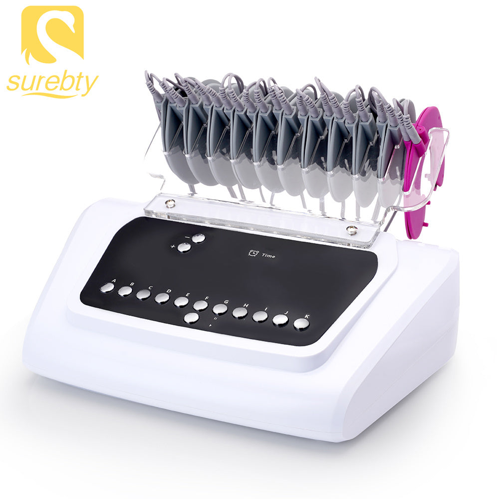 EMS Muscle Stimulator Electrostimulation Machine designed for body slimming and breast lifting, featuring various accessories for effective use.